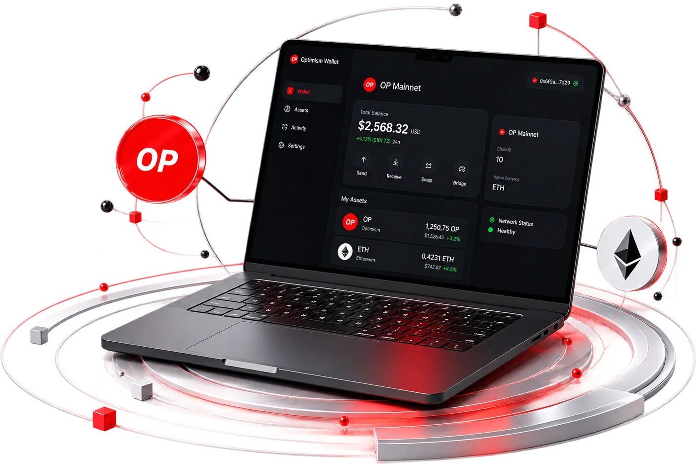 Optimism Wallet laptop dashboard render with OP coin, Ethereum token and orbiting network elements